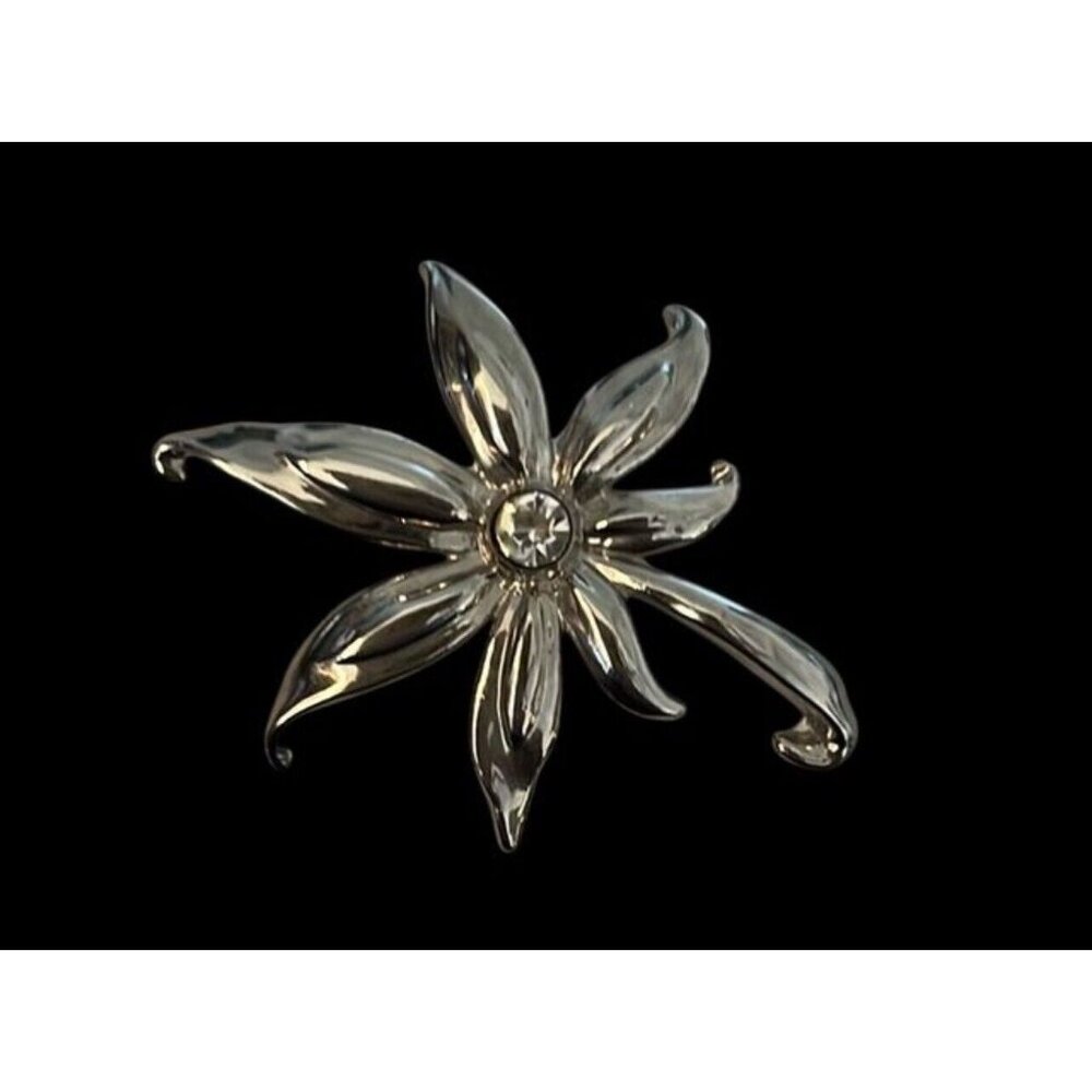 Vintage Silver Toned Leaf Floral Clear Glass Rhinestone Brooch Pin #C-7